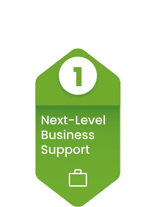green tag icon with the number one and the text "Next-Level Business Support"